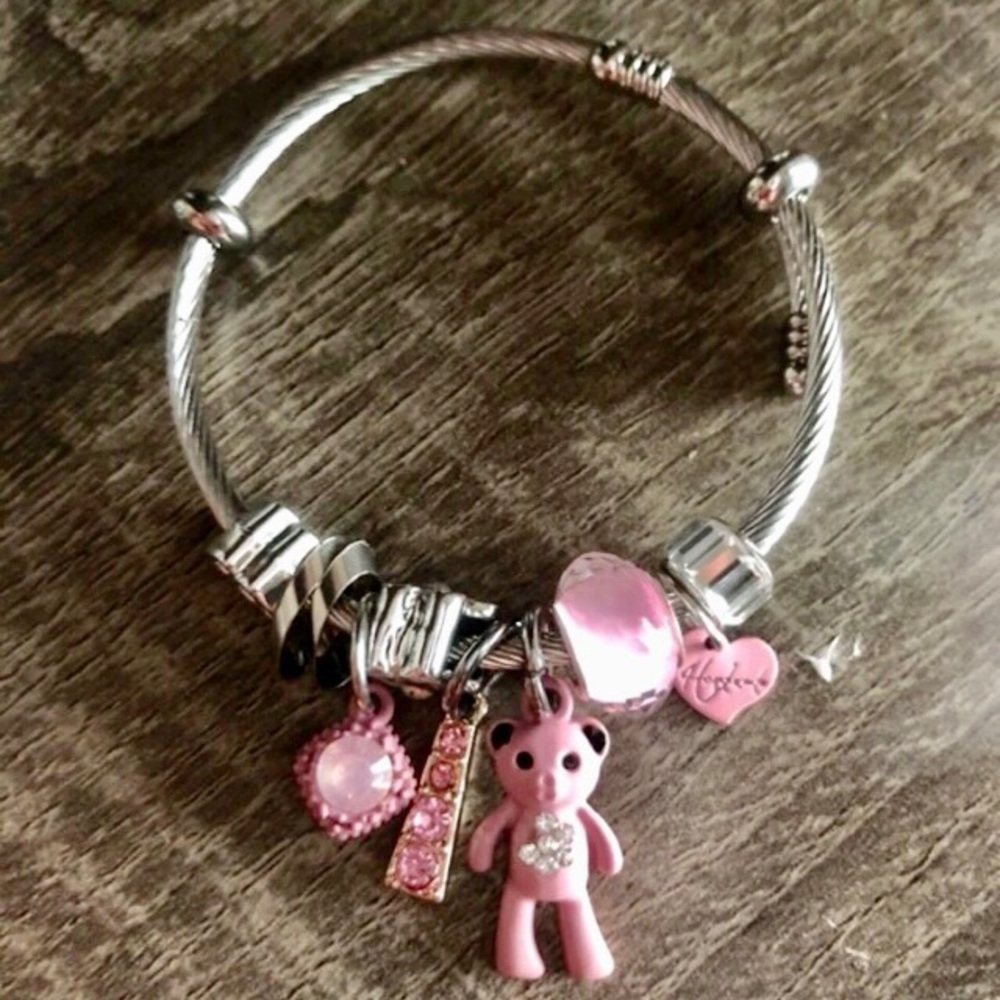 🧸🎀 Stainless Steel Pink Rhinestone & Teddy Bear Adjustable Bracelet NWT - Picture 2 of 8